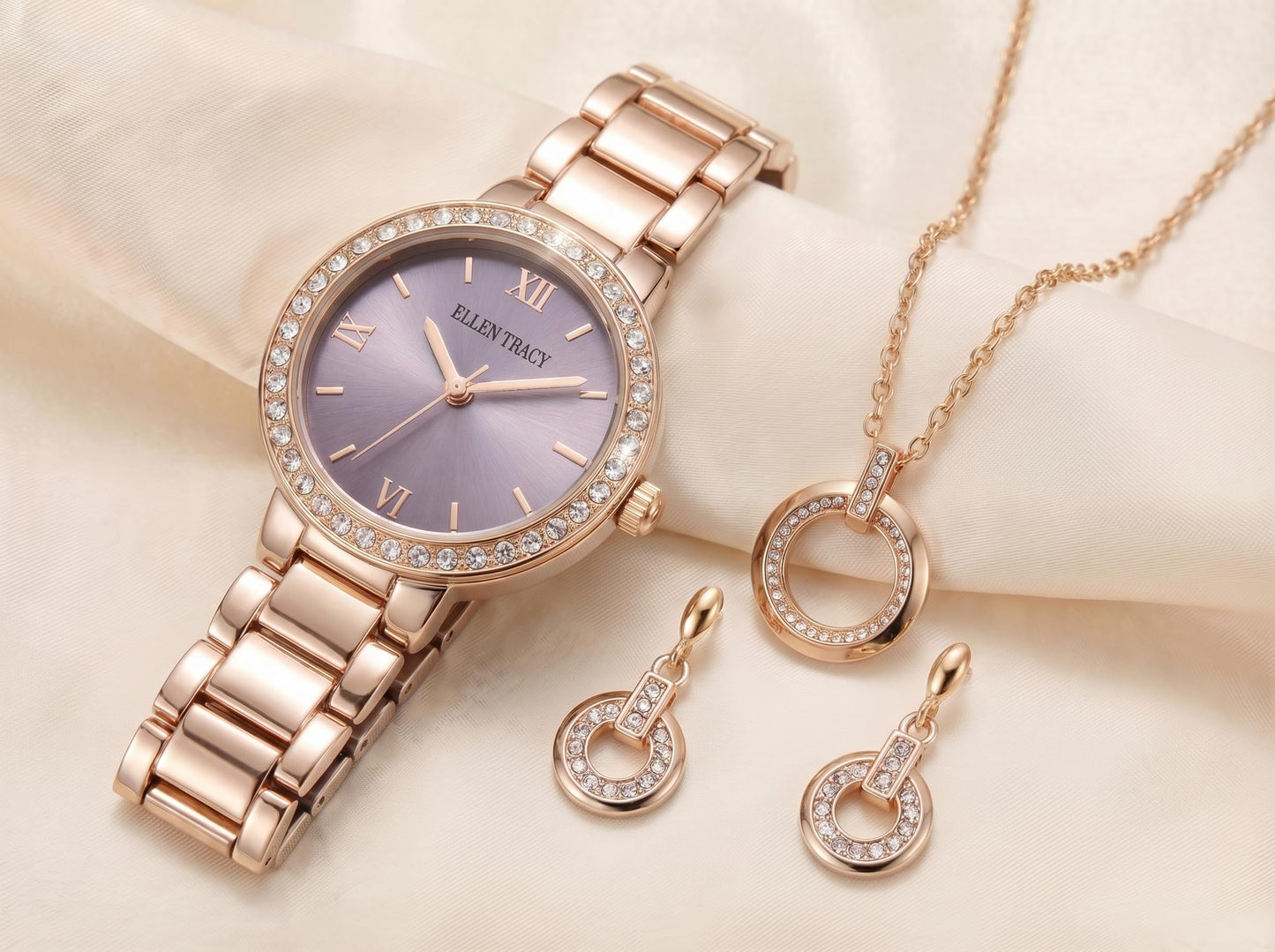 ELLEN TRACY Women's 28mm Round Rose Goldtone Watch and Jewelry Gift Set, Lavender Dial, Crystal Accents