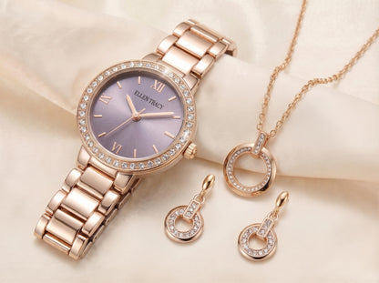 ELLEN TRACY Women's 28mm Round Rose Goldtone Watch and Jewelry Gift Set, Lavender Dial, Crystal Accents
