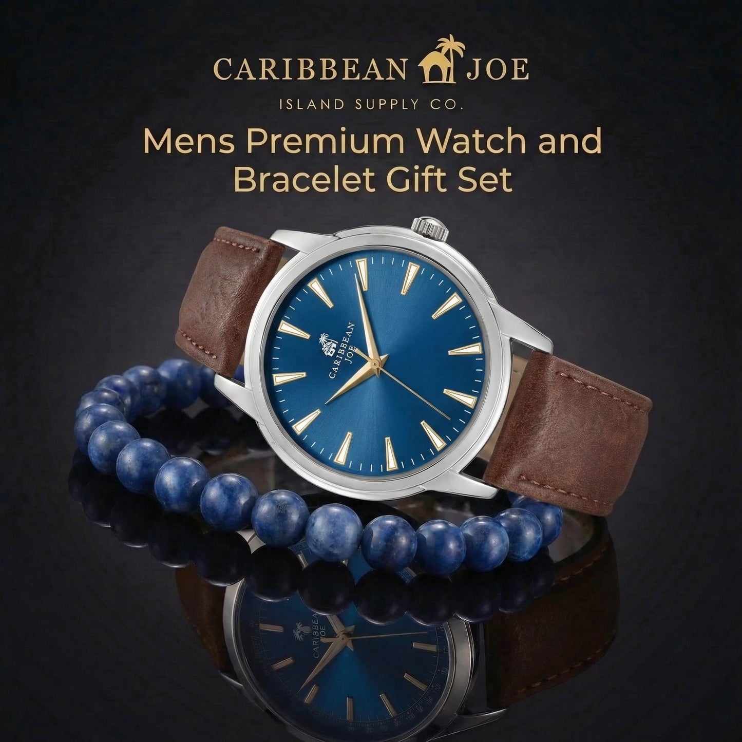 CARIBBEAN JOE Men’s Watch & Blue Sodalite Beaded Bracelet Set – 41mm Silver-Tone Case, Blue Sunray Dial, Gold-Tone Luminous Markers, Brown PU Strap, 8mm Natural Stone 8” Bracelet