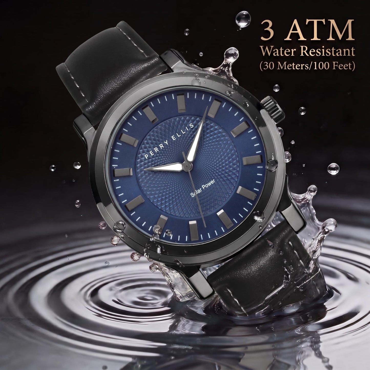 Perry Solar Men’s Watch – Round Blue Dial, Black Leather Strap, Water-Resistant Analog