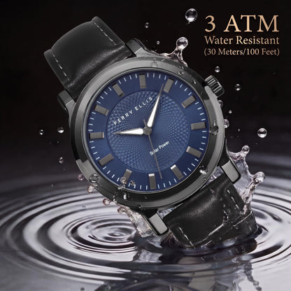 Perry Solar Men’s Watch – Round Blue Dial, Black Leather Strap, Water-Resistant Analog
