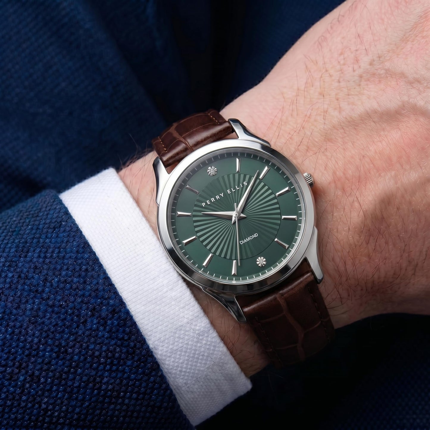 Perry Ellis Ultra Slim Men’s Round Silver Watch 41mm Green Textured Dial PU Strap Diamond Accent