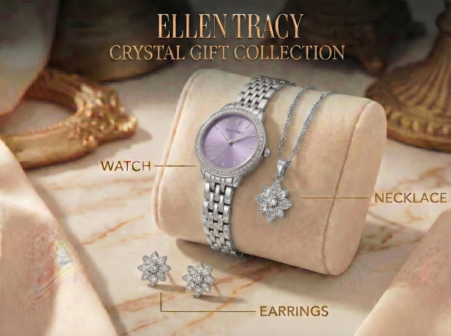 ELLEN TRACY Women's 25mm Round Silvertone Watch and Jewelry Gift Set, Lavender Dial, Crystal Accents