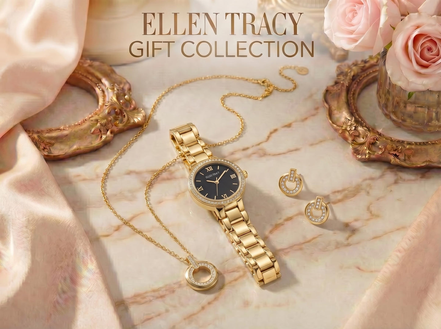 ELLEN TRACY Women's 28mm Round Goldtone Watch and Jewelry Gift Set, Black Dial, Crystal Accents