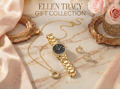 ELLEN TRACY Women's 28mm Round Goldtone Watch and Jewelry Gift Set, Black Dial, Crystal Accents