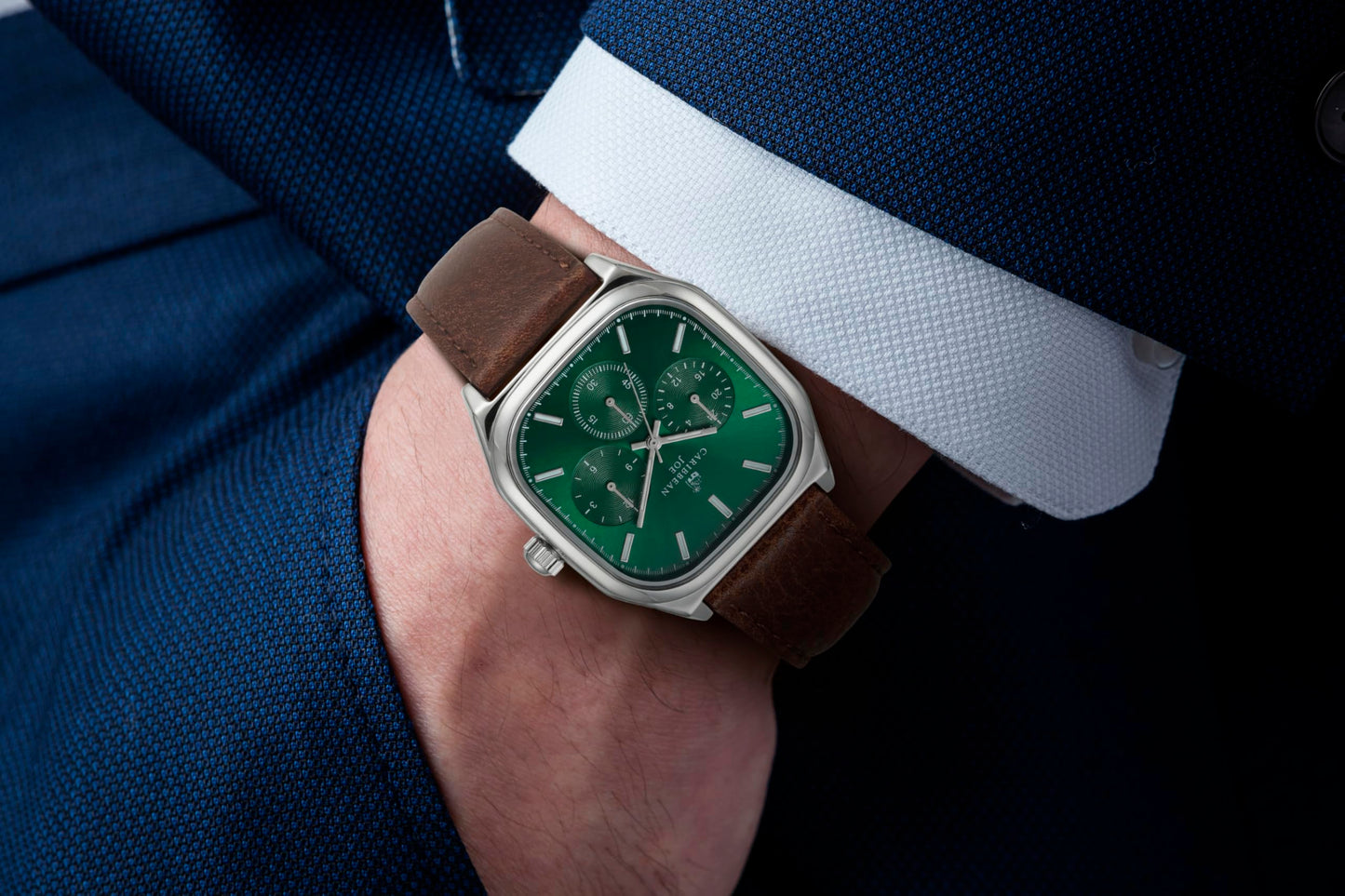CARIBBEAN JOE Men’s Analog Watch with Square Silver-Tone 40mm Case, Dark Green Sunray Dial with Faux Subdials, Brown PU Leather Strap, Quartz Movement, Casual Fashion Wrist Watch