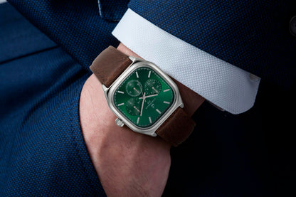 CARIBBEAN JOE Men’s Analog Watch with Square Silver-Tone 40mm Case, Dark Green Sunray Dial with Faux Subdials, Brown PU Leather Strap, Quartz Movement, Casual Fashion Wrist Watch