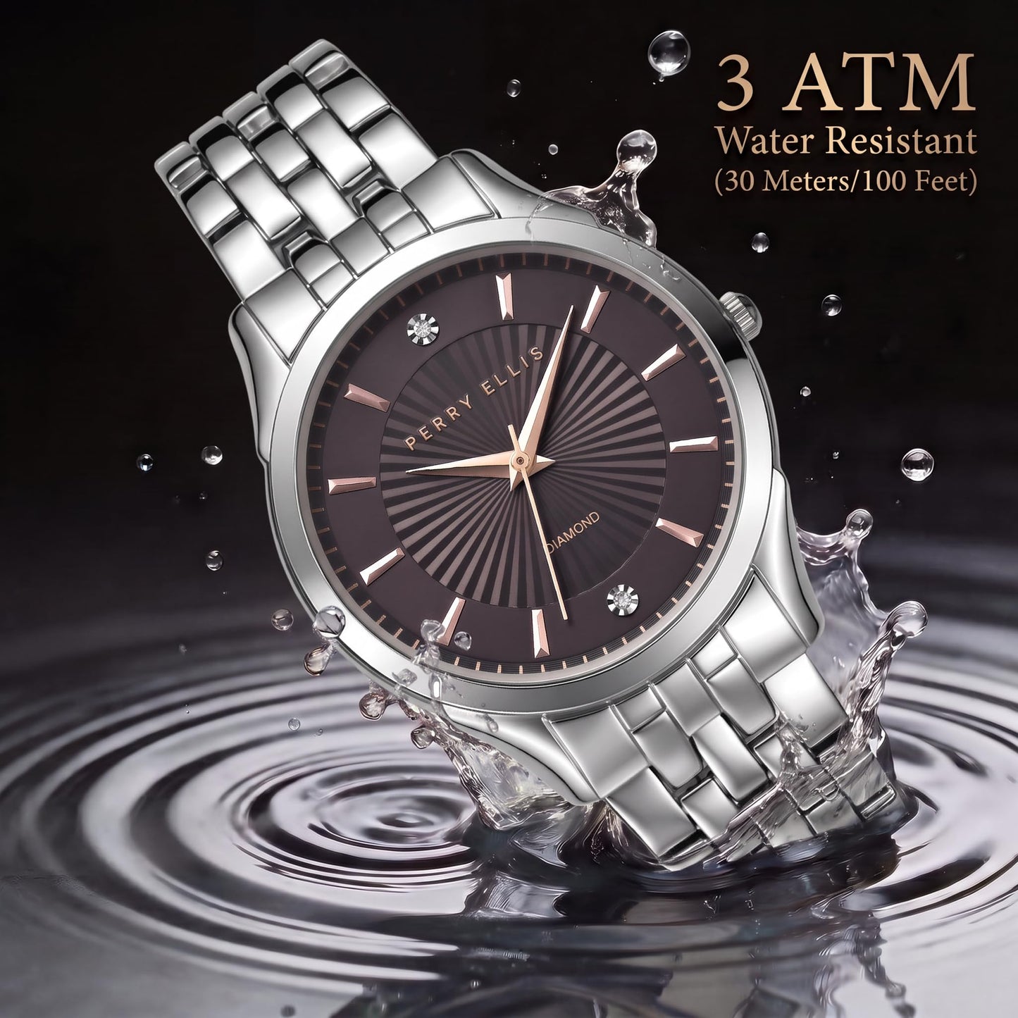 Perry Ellis Ultra Slim Men’s Round Silver Watch 41mm Brown Textured Dial Bracelet Diamond Accent