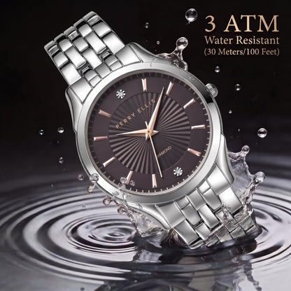 Perry Ellis Ultra Slim Men’s Round Silver Watch 41mm Brown Textured Dial Bracelet Diamond Accent