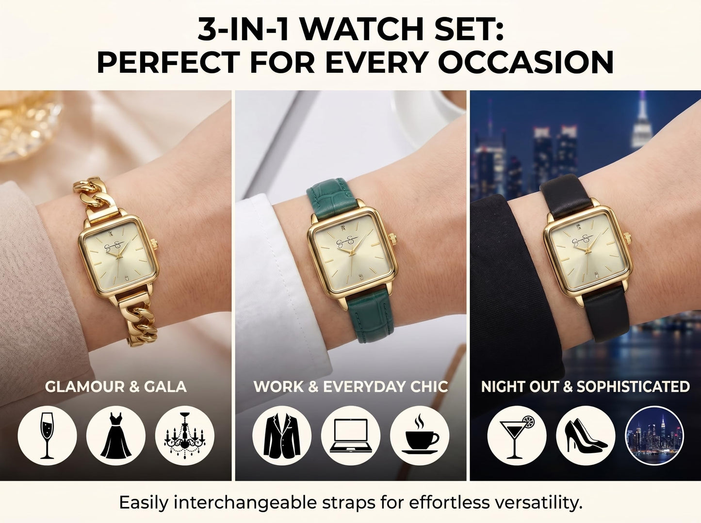 Jessica Simpson Women’s Watch Set Gold 29mm with 2 Extra Straps