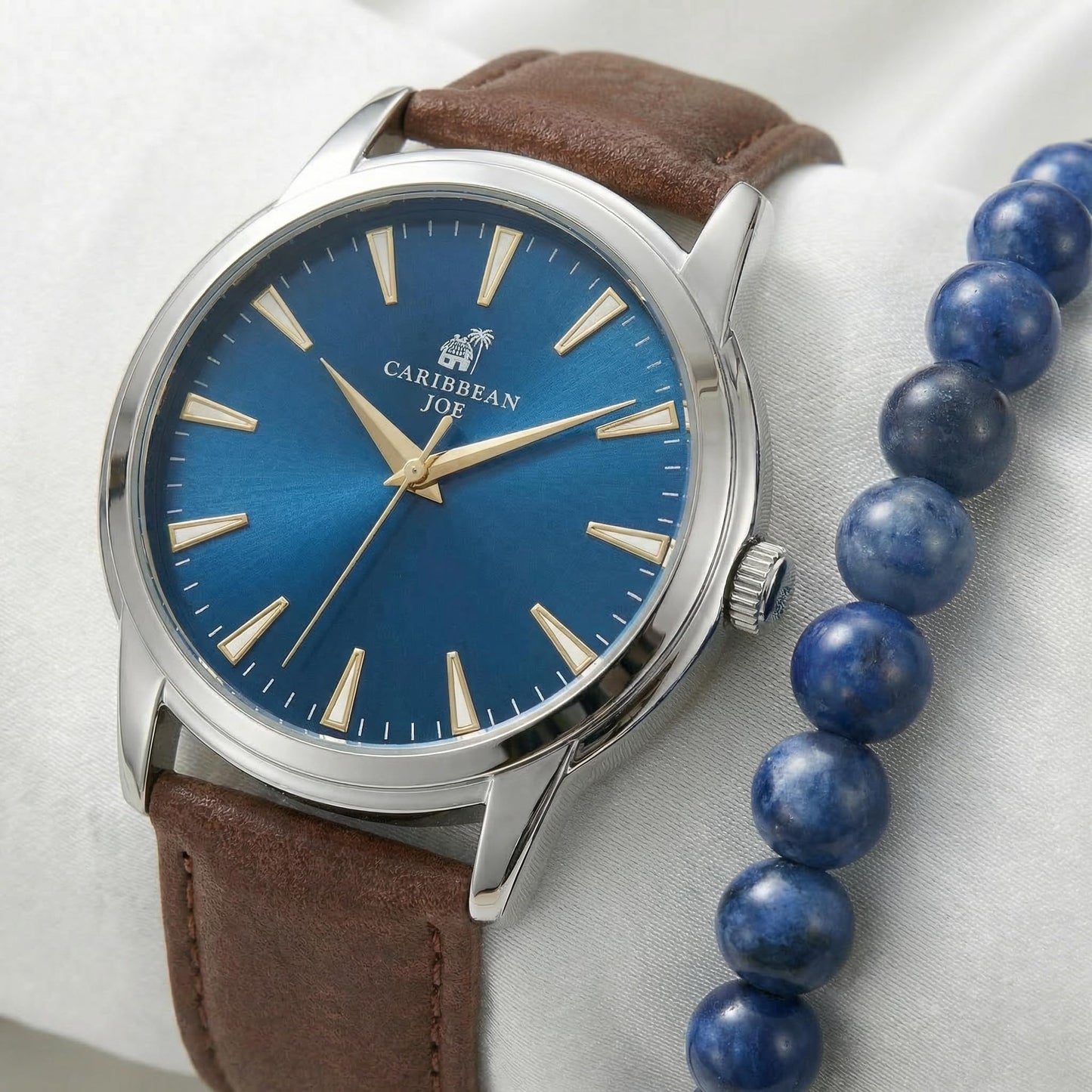 CARIBBEAN JOE Men’s Watch & Blue Sodalite Beaded Bracelet Set – 41mm Silver-Tone Case, Blue Sunray Dial, Gold-Tone Luminous Markers, Brown PU Strap, 8mm Natural Stone 8” Bracelet