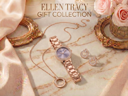 ELLEN TRACY Women's 28mm Round Rose Goldtone Watch and Jewelry Gift Set, Lavender Dial, Crystal Accents