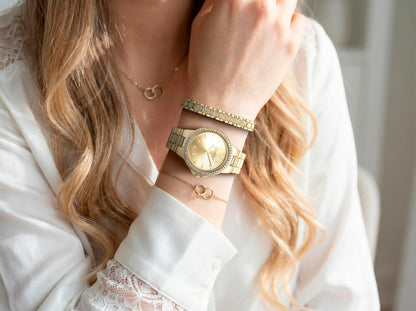 Jessica Simpson Women’s Watch Set Gold 35mm Crystal Bezel with Bangle