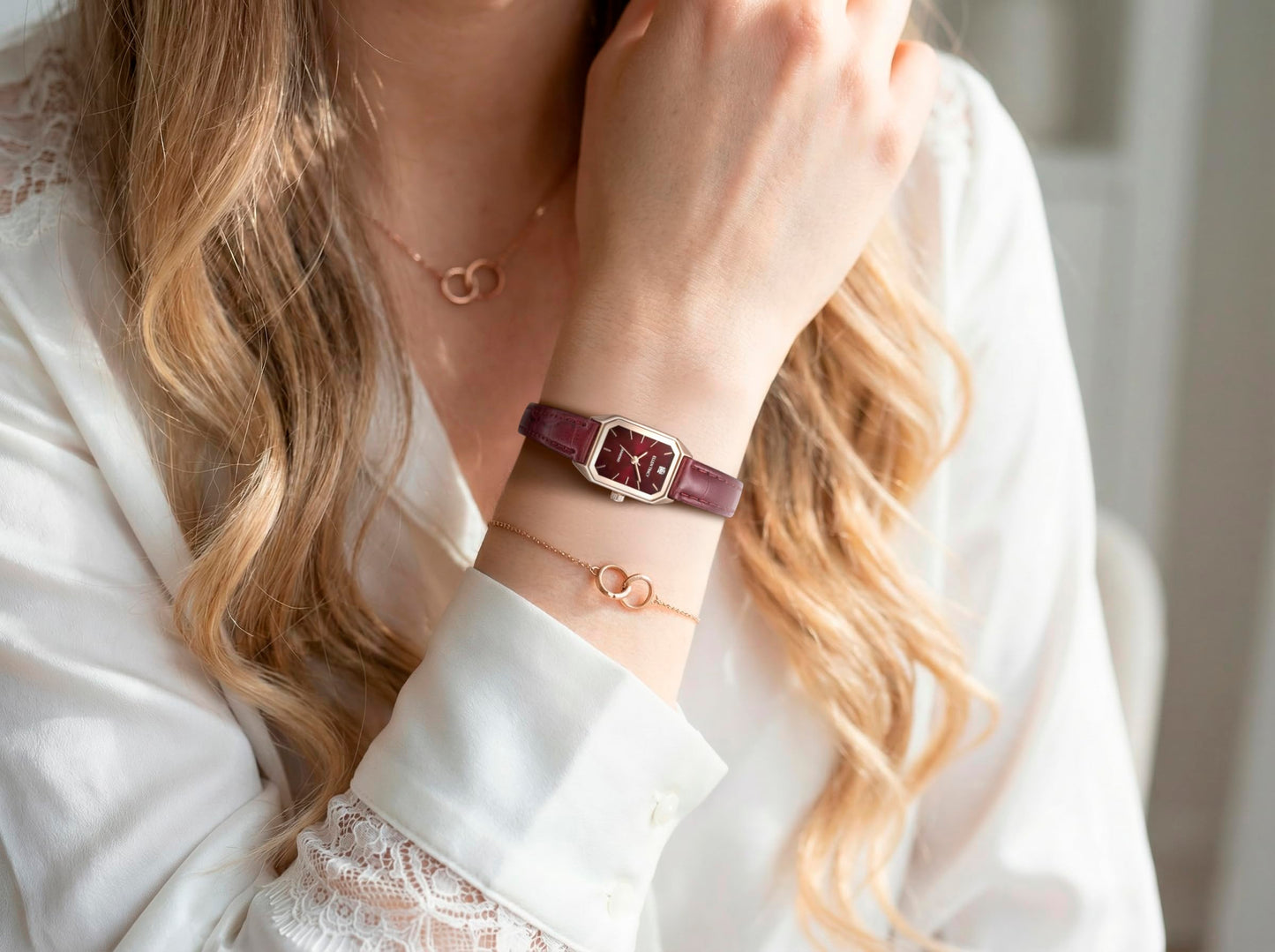 ELLEN TRACY Women's 20mm Round Rose Goldtone Watch, Burgundy Dial, Diamond Accent, Leather Band