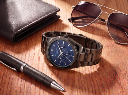 Geoffrey Beene Men’s Round Gunmetal Watch 43mm Blue Sunray Dial Bracelet Diamond Accent
