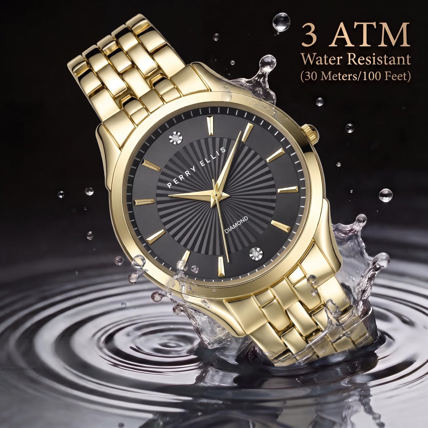 Perry Ellis Ultra Slim Men’s Round Gold Watch 41mm Black Textured Dial Bracelet Diamond Accent