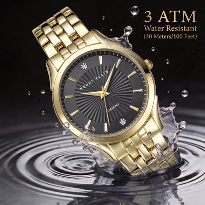 Perry Ellis Ultra Slim Men’s Round Gold Watch 41mm Black Textured Dial Bracelet Diamond Accent