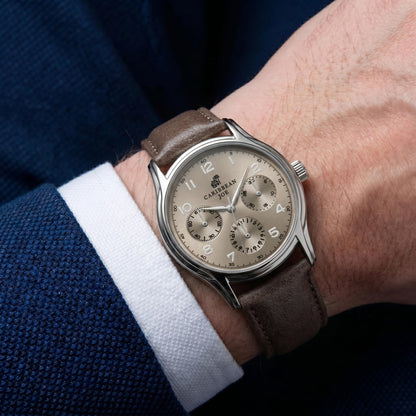 CARIBBEAN JOE Men’s Watch, 41mm Round Case, Silvertone, Taupe Sunray Dial, Arabic Markers, Decorative Dial Markers, Brown PU Strap