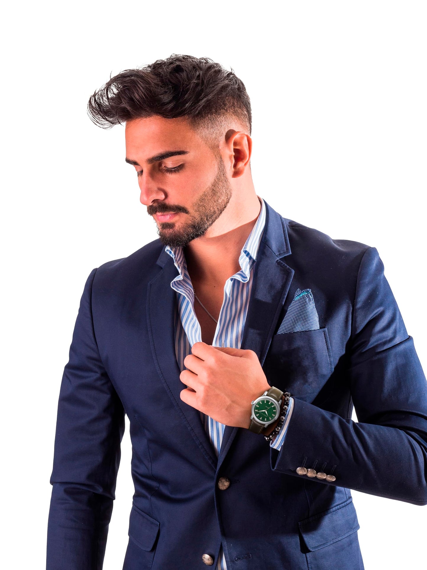 Perry Solar Men’s Watch – Round Blue Dial, Black Leather Strap, Water-Resistant Analog
