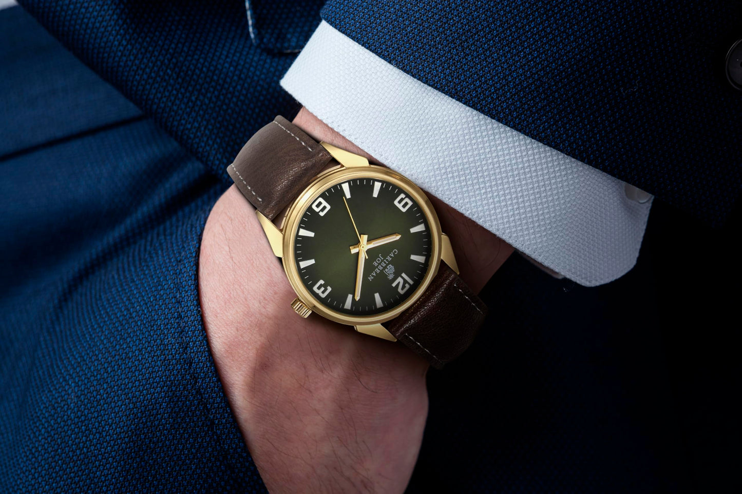CARIBBEAN JOE Men’s Analog Watch with Green Gradient Degrade Dial, Gold-Tone 41mm Round Case, Gilt Hour Markers, Brown Vegan Leather Strap, Quartz Movement, Casual Dress Wrist Watch