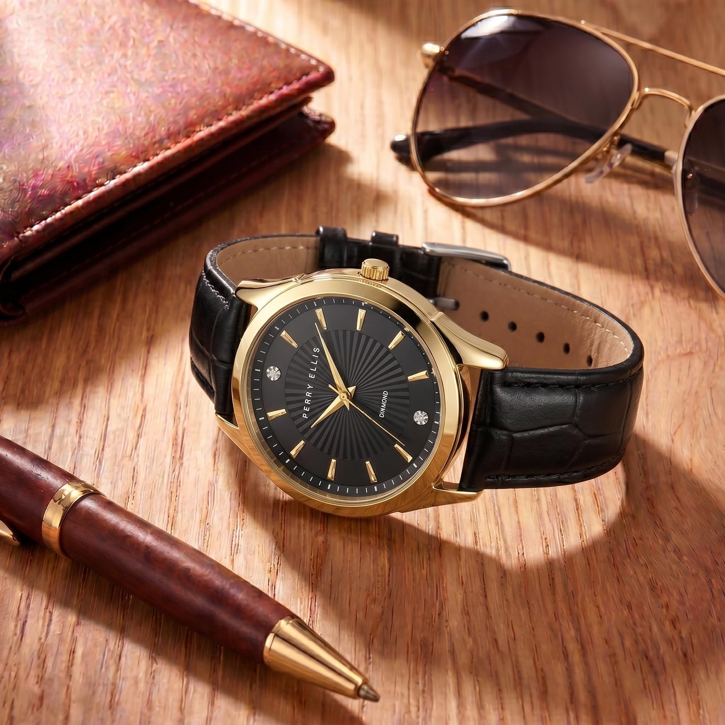 Perry Ellis Ultra Slim Men’s Round Gold Watch 41mm Black Textured Dial PU Strap Diamond Accent