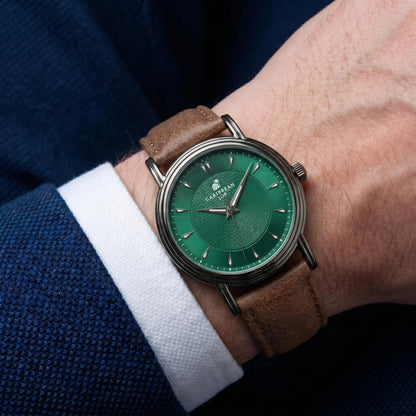 CARIBBEAN JOE Men’s Watch Set, 41mm + 40mm Light Gunmetal Cases, Green & Burgundy Sunray Dials, Luminous Indexes, PU Straps