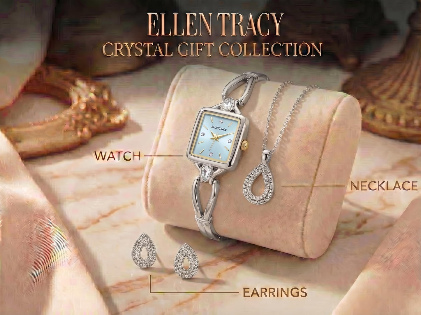 ELLEN TRACY Women's 20mm Rectangle Silvertone Watch and Jewelry Gift Set, Blue Dial, Crystal Accents