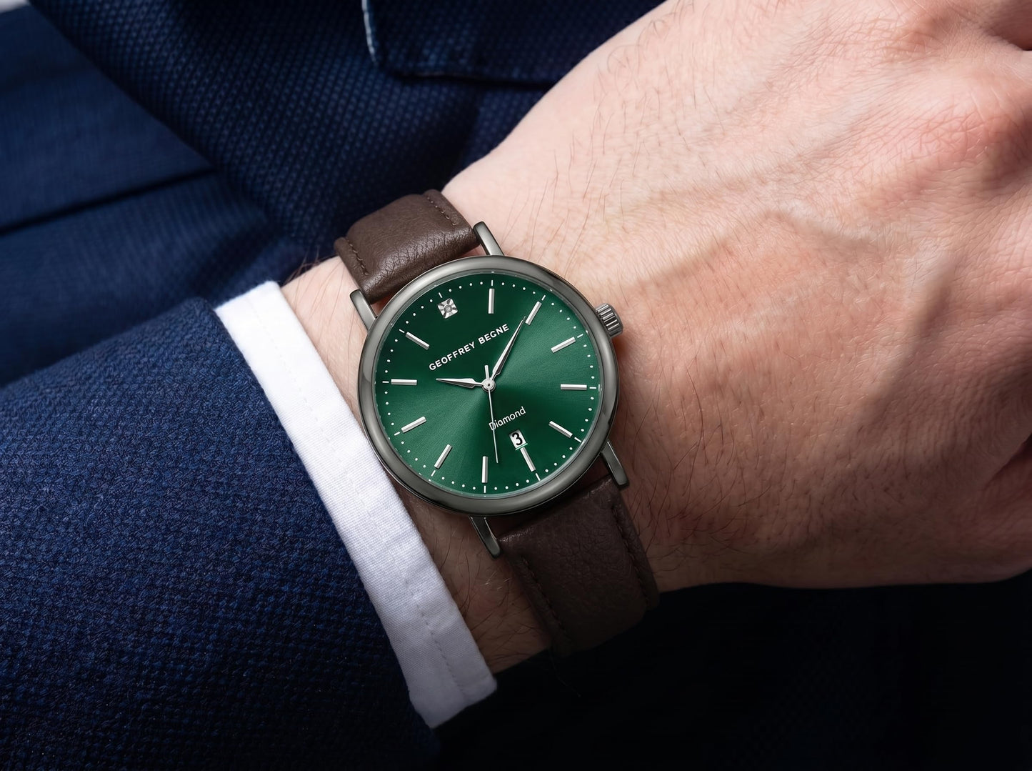 Geoffrey Beene Men’s Round Gunmetal Watch 41mm Green Sunray Dial PU Strap Diamond Accent