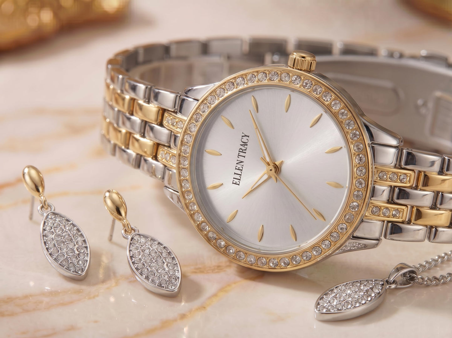 ELLEN TRACY Women's 32mm Round Two Tone Silver/Gold Watch and Jewelry Gift Set, White Dial, Crystal Accents