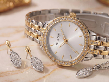 ELLEN TRACY Women's 32mm Round Two Tone Silver/Gold Watch and Jewelry Gift Set, White Dial, Crystal Accents