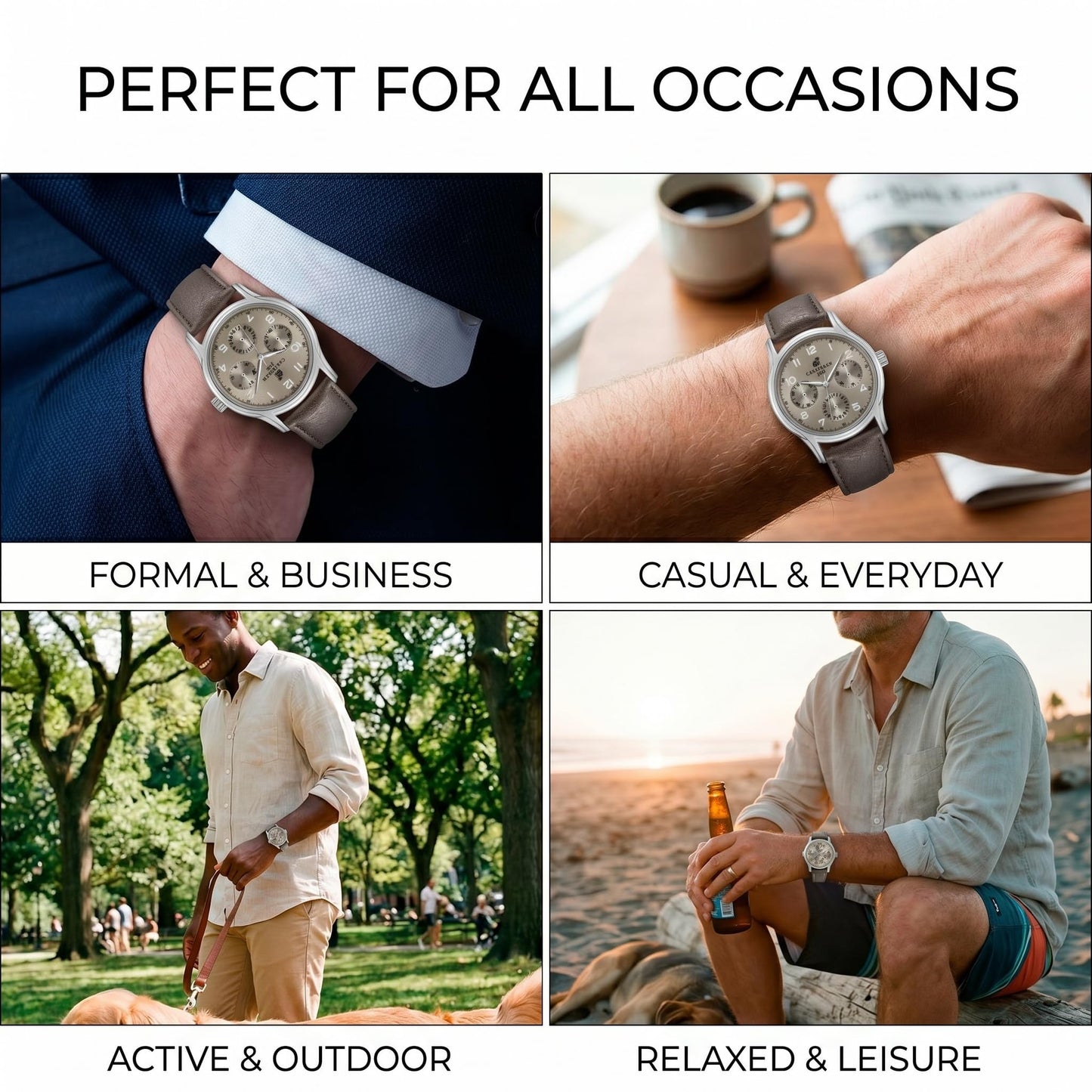 CARIBBEAN JOE Men’s Watch, 41mm Round Case, Silvertone, Taupe Sunray Dial, Arabic Markers, Decorative Dial Markers, Brown PU Strap