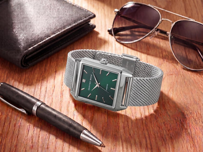 Geoffrey Beene Men’s Rectangular Silver Watch 33mm Teal Sunray Dial Mesh Bracelet Diamond Accent