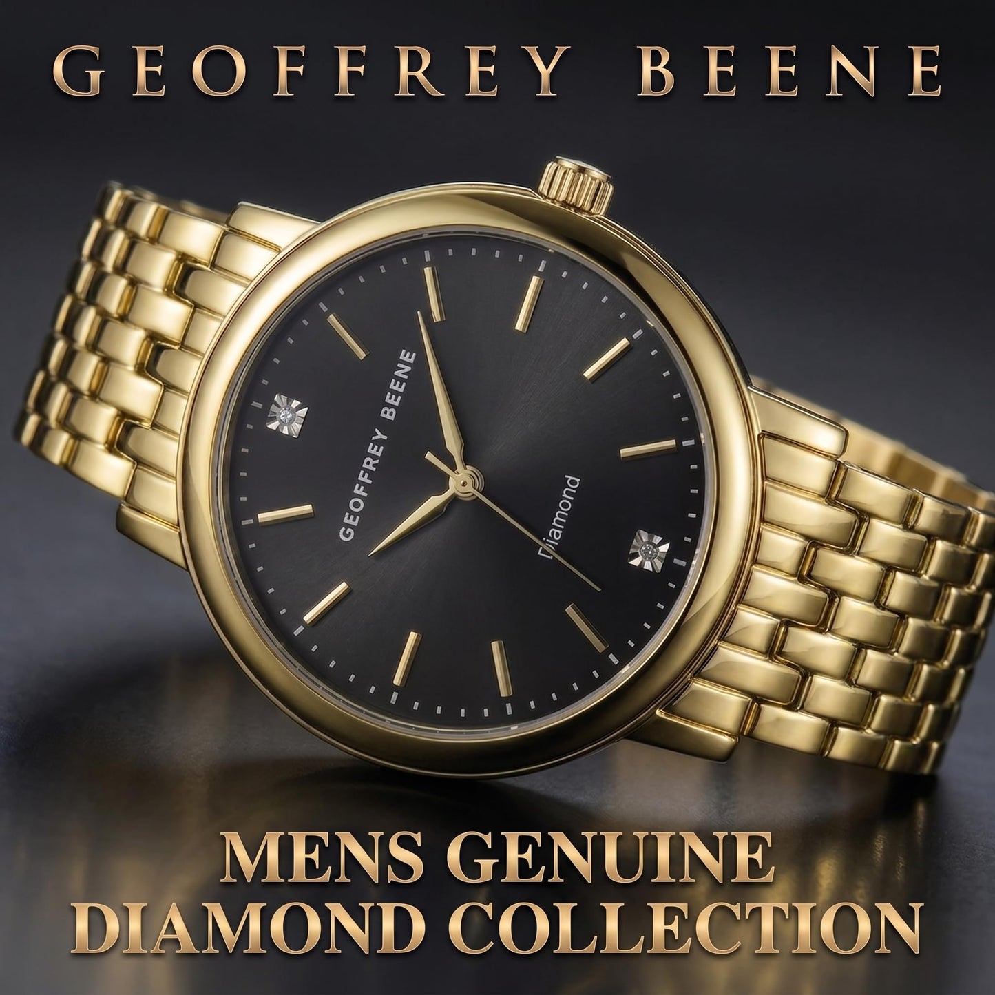 Geoffrey Beene Men’s Round Gold Watch 41mm Black Sunray Dial Bracelet Diamond Accent