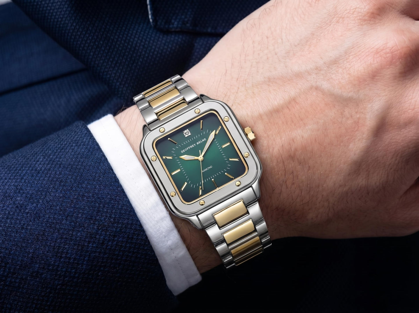 Geoffrey Beene Men’s Cushion Two Tone Watch 41mm Green Gradient Sunray Dial Bracelet Diamond Accent