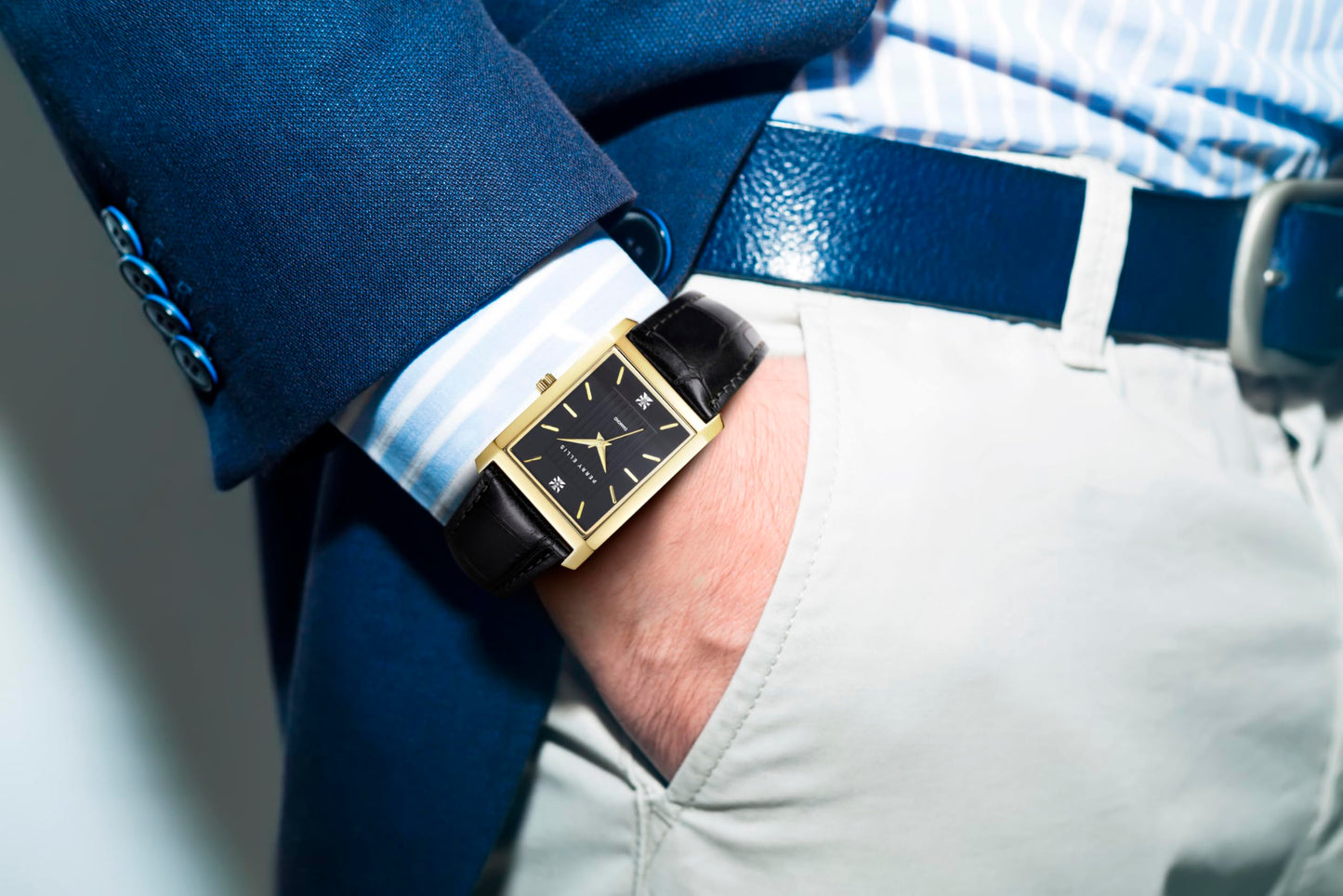 Perry Ellis Ultra Slim Men's Watch – Rectangular Gold-Tone, Black Textured Dial with Diamond Accents, Gold Faceted Indexes, Adjustable Black Leather Strap, Quartz Analog Fashion Accessory