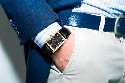 Perry Ellis Ultra Slim Men's Watch – Rectangular Gold-Tone, Black Textured Dial with Diamond Accents, Gold Faceted Indexes, Adjustable Black Leather Strap, Quartz Analog Fashion Accessory