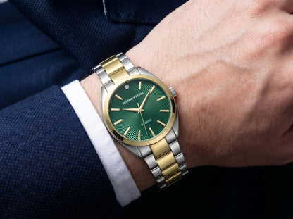 Geoffrey Beene Men’s Round Two Tone Watch 41mm Green Textured Dial Bracelet Diamond Accent