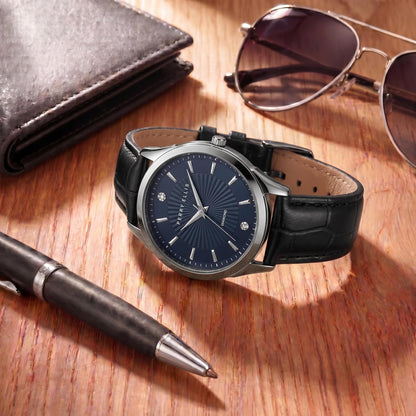 Perry Ellis Ultra Slim Men’s Round Gunmetal Watch 41mm Blue Textured Dial PU Strap Diamond Accent