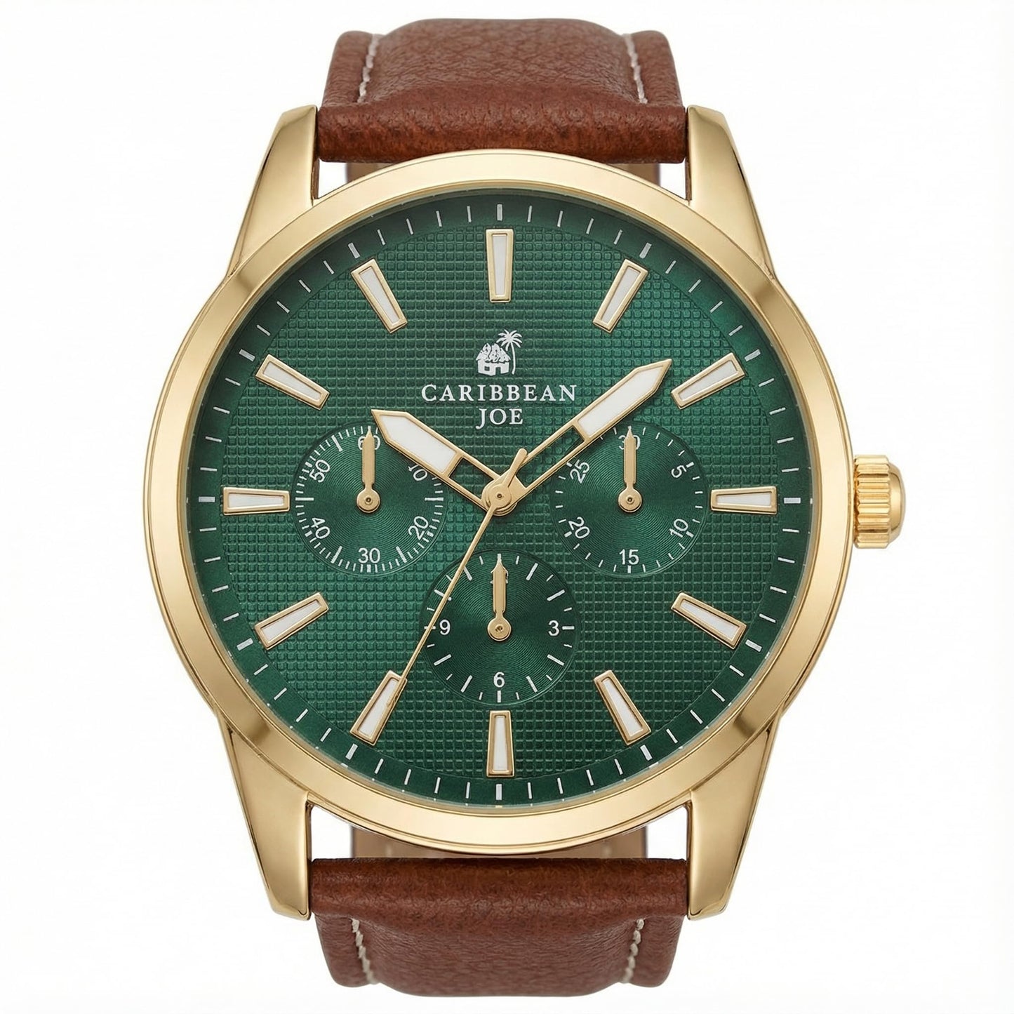 CARIBBEAN JOE Men’s Analog Watch with Green Textured Dial, Gold-Tone 42mm Round Case, Decorative Subdials, Brown Vegan Leather Strap, Quartz Movement, Casual Dress Wrist Watch