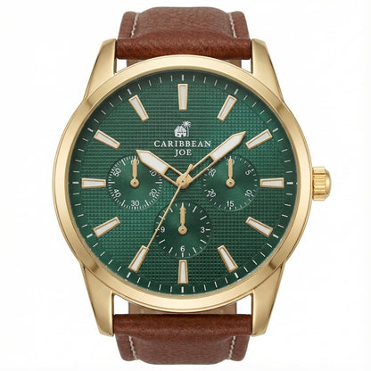 CARIBBEAN JOE Men’s Analog Watch with Green Textured Dial, Gold-Tone 42mm Round Case, Decorative Subdials, Brown Vegan Leather Strap, Quartz Movement, Casual Dress Wrist Watch