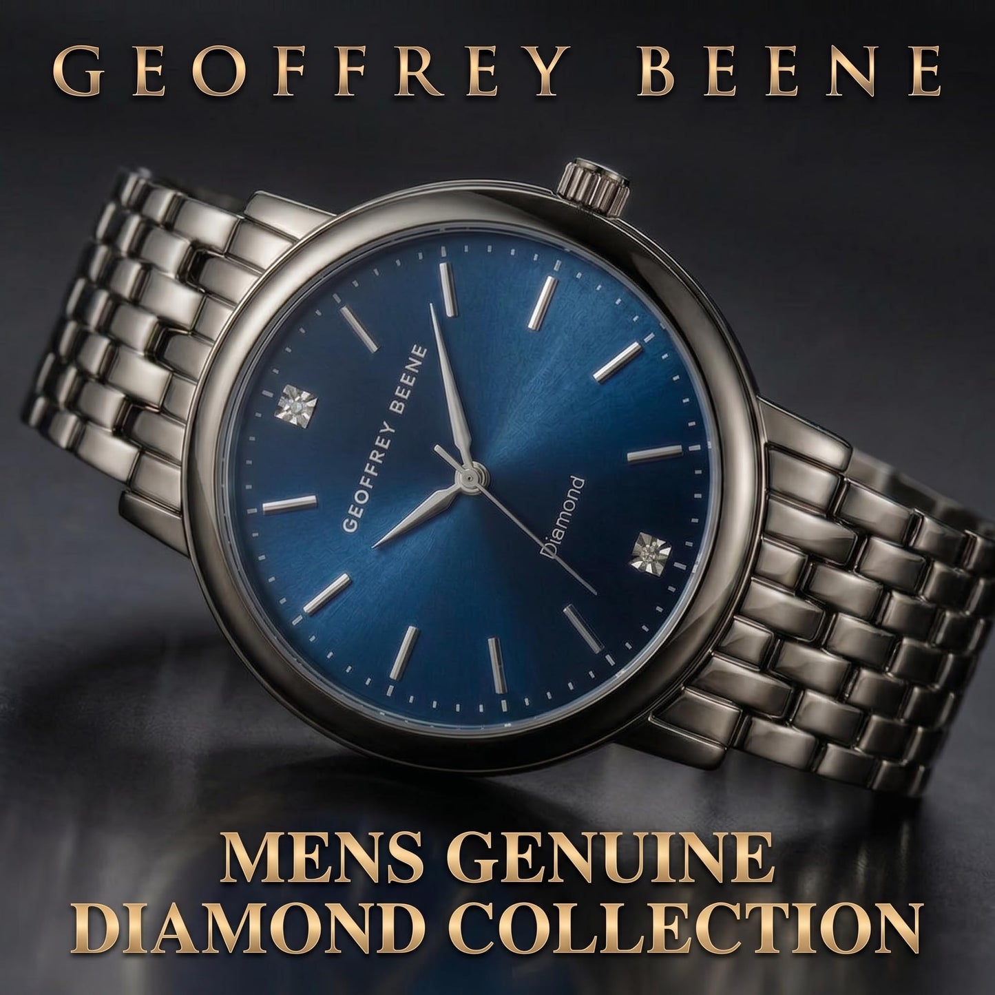 Geoffrey Beene Men’s Round Gunmetal Watch 41mm Blue Sunray Dial Bracelet Diamond Accent