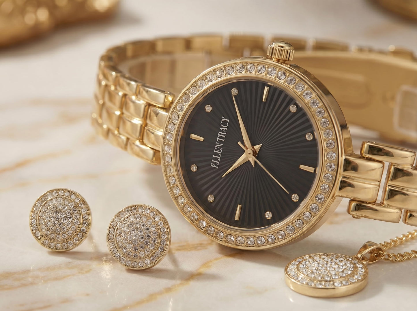 ELLEN TRACY Women's 24mm Round Goldtone Watch and Jewelry Gift Set, Black Dial, Crystal Accents