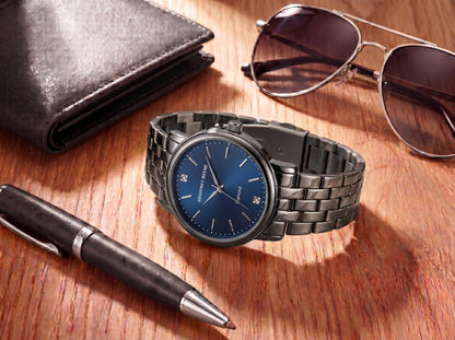 Geoffrey Beene Men’s Round Gunmetal Watch 41mm Blue Sunray Dial Bracelet Diamond Accent