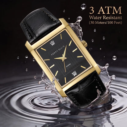 Perry Ellis Ultra Slim Men's Watch – Rectangular Gold-Tone, Black Textured Dial with Diamond Accents, Gold Faceted Indexes, Adjustable Black Leather Strap, Quartz Analog Fashion Accessory