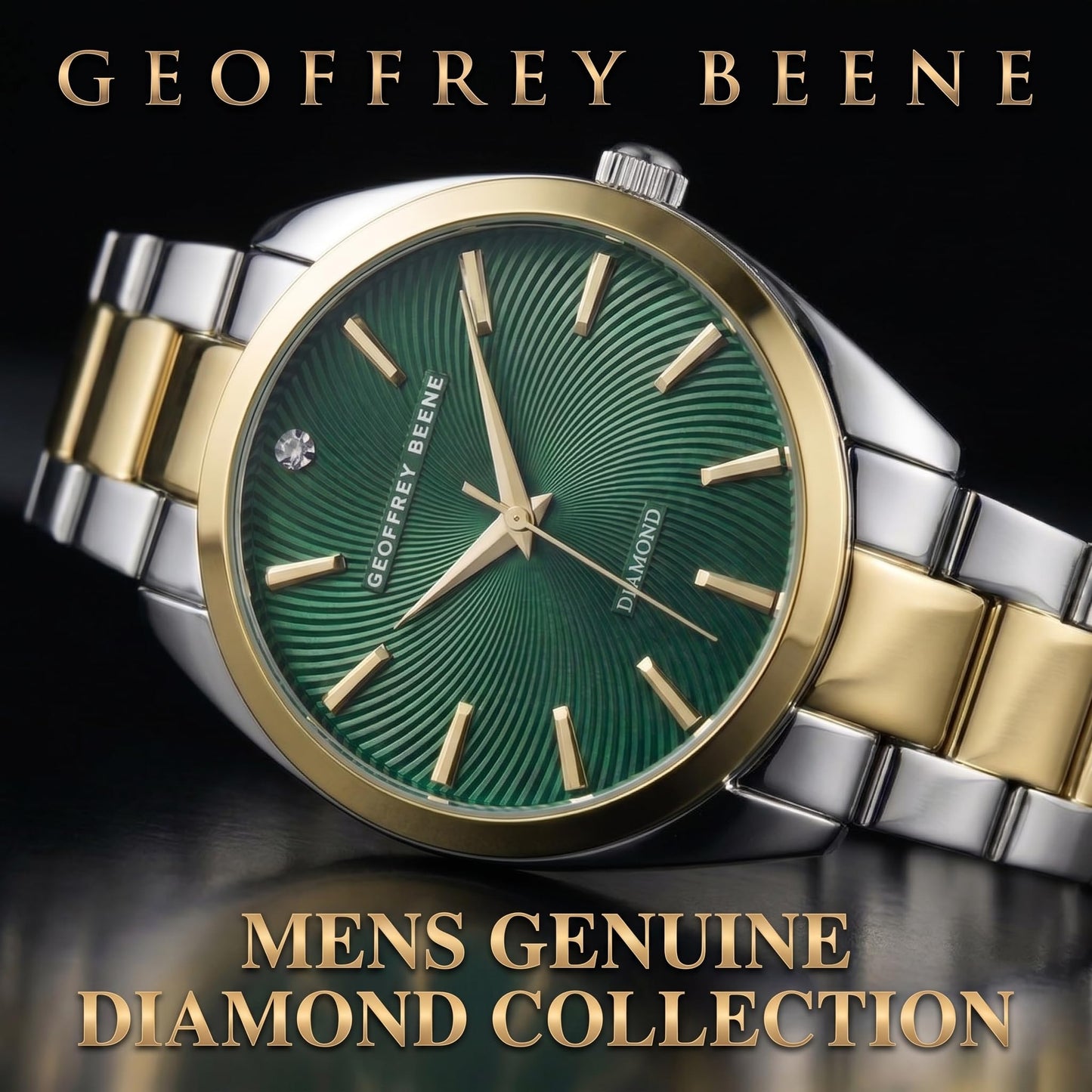 Geoffrey Beene Men’s Round Two Tone Watch 41mm Green Textured Dial Bracelet Diamond Accent