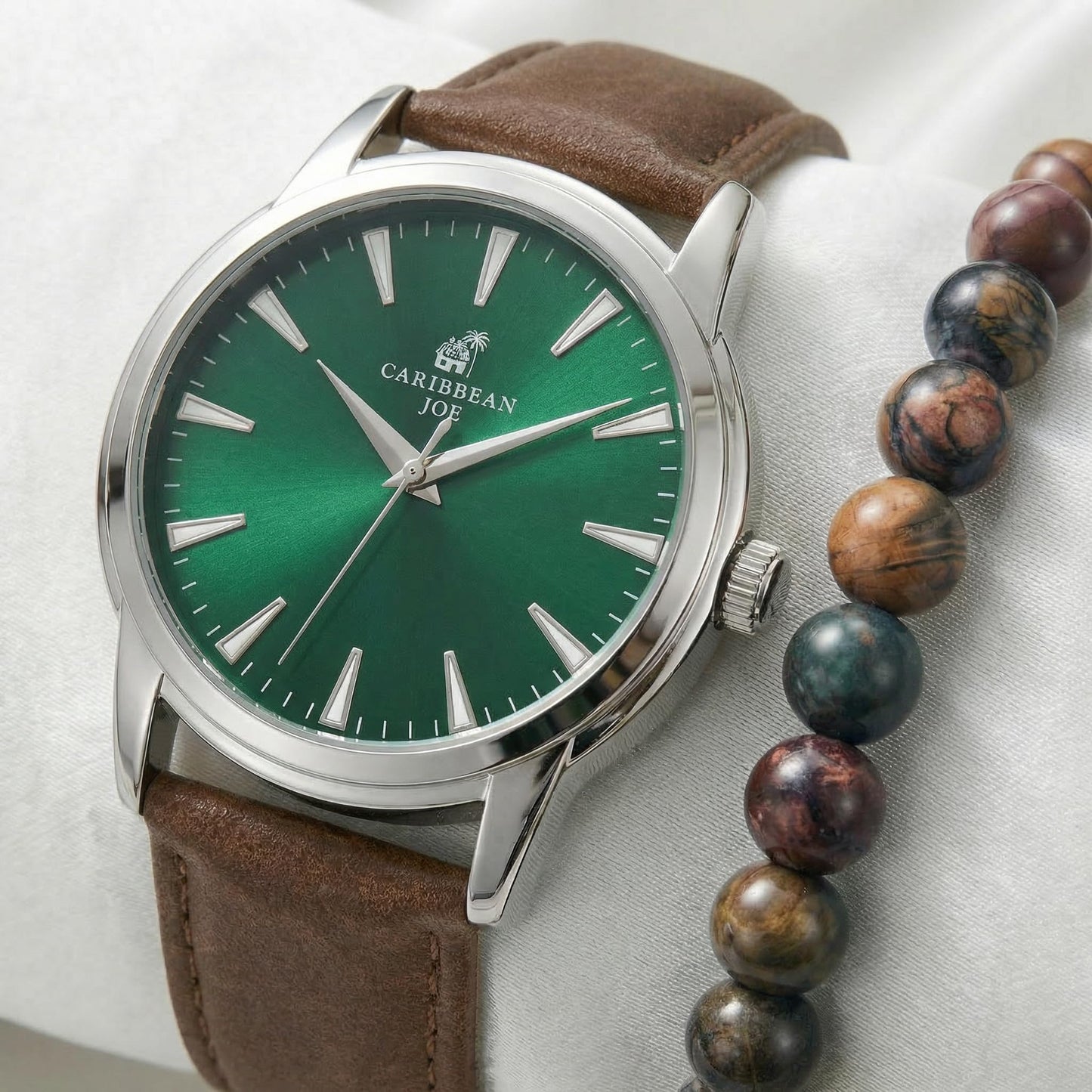 CARIBBEAN JOE Men’s Watch & Red Creek Jasper Beaded Bracelet Set – 41mm Silver-Tone Case, Green Sunray Dial, Luminous Markers, Brown PU Strap, 8mm Natural Stone 8” Bracelet