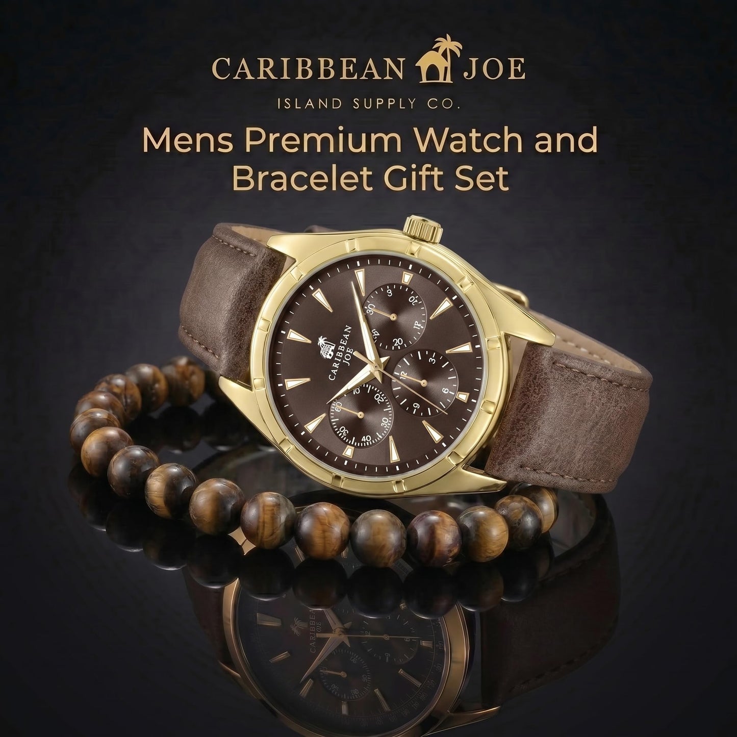 Caribbean Joe Men’s Watch & Yellow Tiger Eye Beaded Bracelet Set – 42mm Gold-Tone Case, Brown Sunray Dial with Faux Subdials, Luminous Gold-Tone Markers, Dark Brown PU Strap, 8mm Natural Stone 8” Bracelet