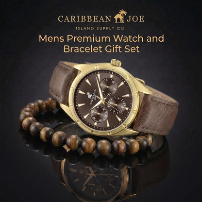 Caribbean Joe Men’s Watch & Yellow Tiger Eye Beaded Bracelet Set – 42mm Gold-Tone Case, Brown Sunray Dial with Faux Subdials, Luminous Gold-Tone Markers, Dark Brown PU Strap, 8mm Natural Stone 8” Bracelet