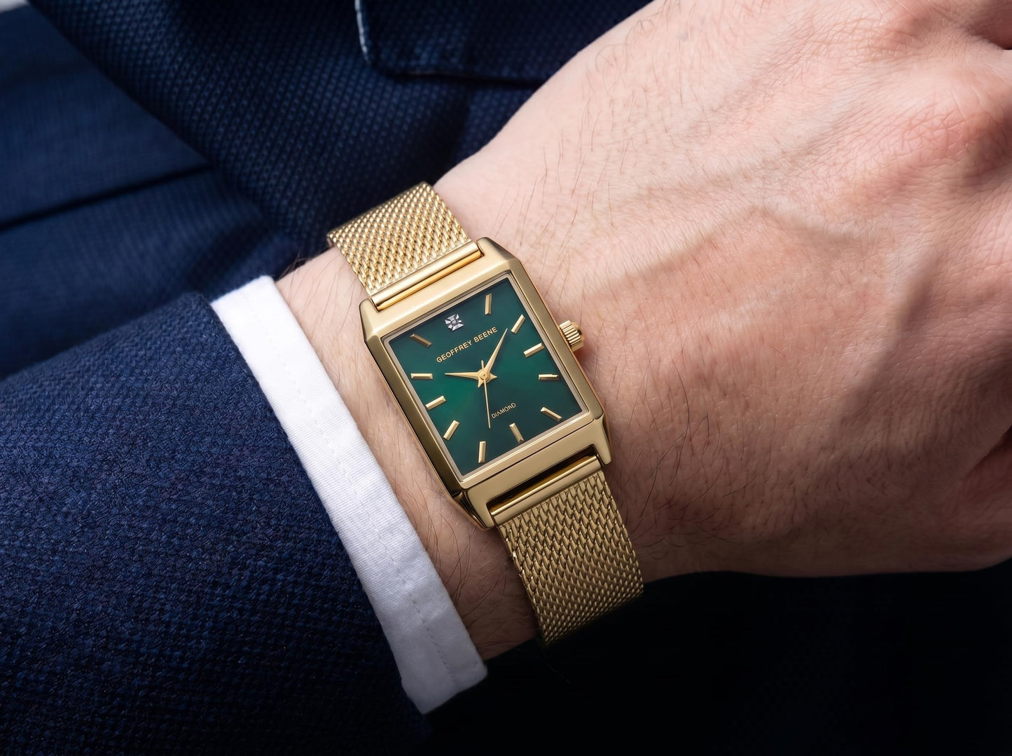 Geoffrey Beene Men’s Rectangular Gold Watch 33mm Green Sunray Dial Mesh Bracelet Diamond Accent