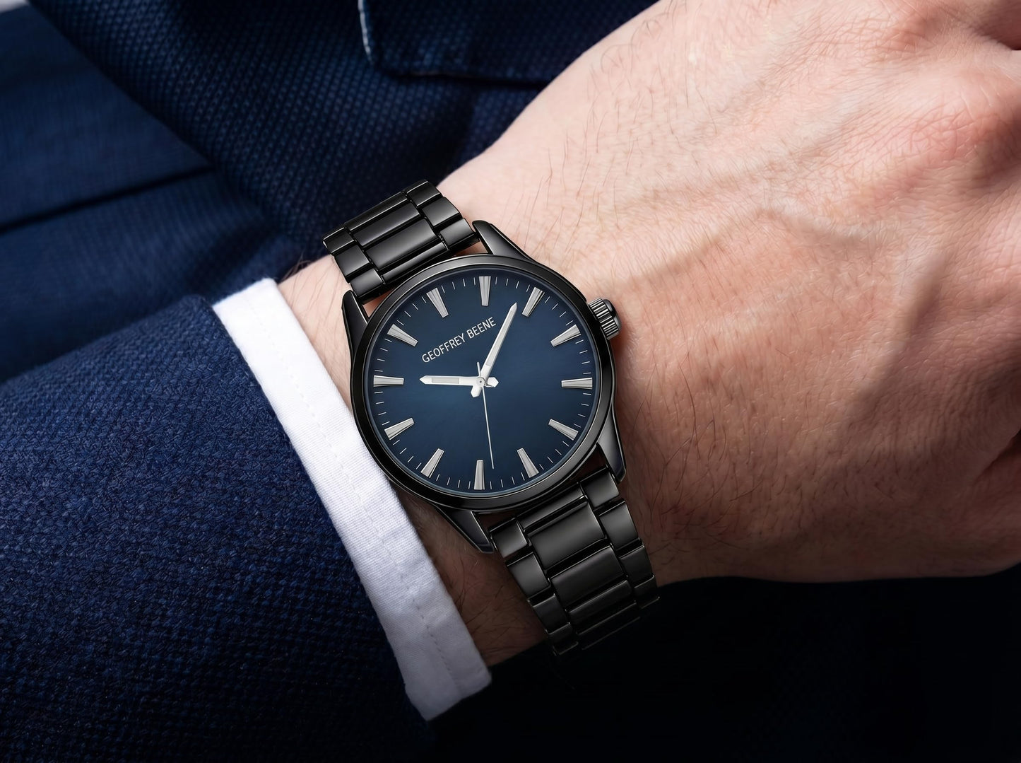 Geoffrey Beene Men’s Watch Set Round Gunmetal 42mm Blue Sunray Dial Strap & Bracelet